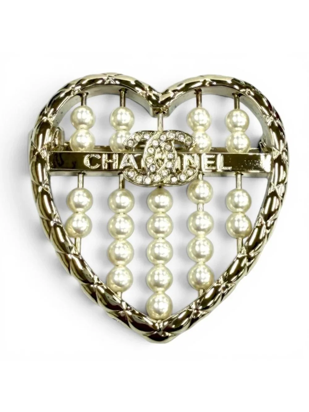 Chanel CC Logo Quilted Heart Brooch Gold White